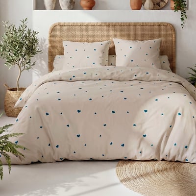 Parure housse de couette imprimée cœur bleu en coton, LAMOURELLE ATELIER DU COTON