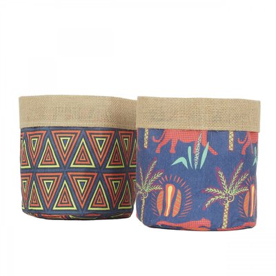 Cache-pots en jute et tissu ethnique 25cm lot de 2 LIGNE DECO