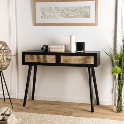 Console d'entrée en bois noir 110cm 2 tiroirs cannage rotin style contemporain PALMA PIER IMPORT