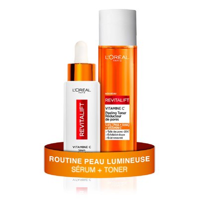 Routine Eclat Sérum Vitamine C Teint Lumineux 30ml + Peeling Toner Réducteur de pores Vitamine C L'OREAL PARIS