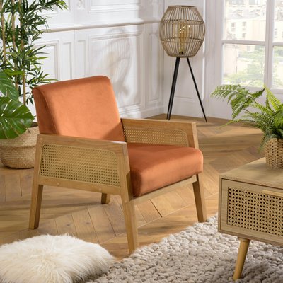 Fauteuil de chambre en cannage et velours rouille TIM PIER IMPORT