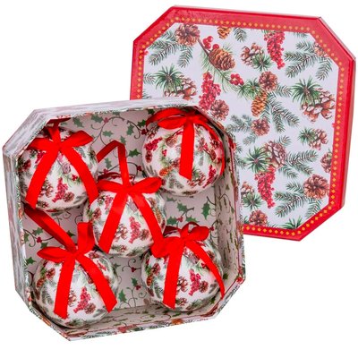 Coffret de 5 boules de Noël rétro houx - 7.5cm WADIGA