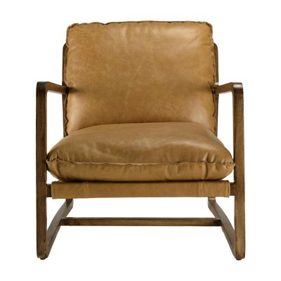 Fauteuil cuir beige et bois dos incliné PRESTON PIER IMPORT