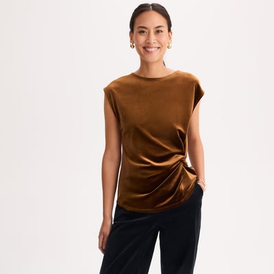 T-shirt col rond sans manches, drapé en velours lisse brillant ANNE WEYBURN
