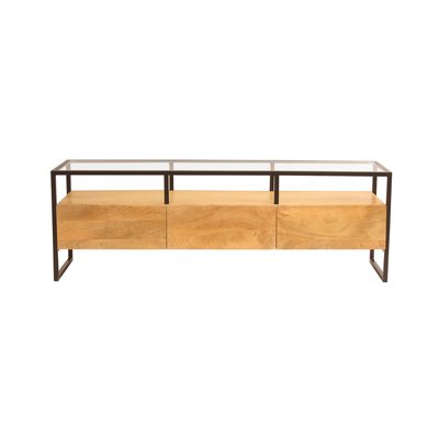 Meuble TV rectangulaire avec rangements en bois manguier massif, verre et métal noir L150 cm DIYA MILIBOO