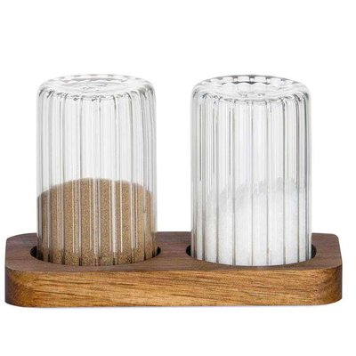 Salière et poivrière en verre et plateau bois acacia 14x7.5x9cm WADIGA