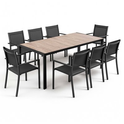 Table de jardin en aluminium effet bois 206X100X74 cm et 8 chaises avec accoudoirs, TIVOLI OVIALA