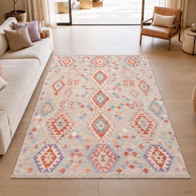 Tapis kilim au motif ethnique, tissé plat en laine, KILIM 42 UN AMOUR DE TAPIS