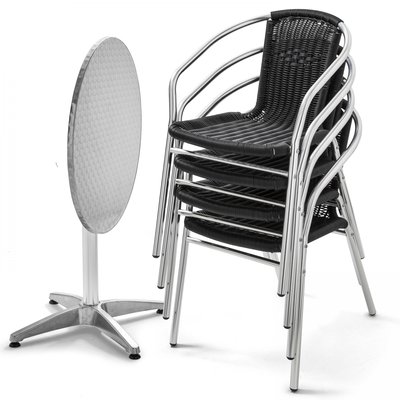 Table de jardin ronde et 4 fauteuils en aluminium et résine, BRIXTON OVIALA