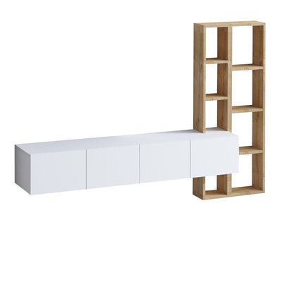 Meuble TV suspendu 4 portes blanc et étagère chêne L182 cm - PANA CALICOSY