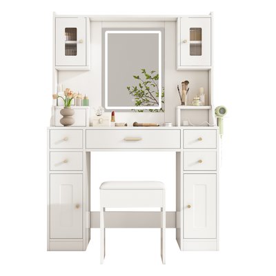 Lot de 2 coiffeuse table de maquillage avec 6 tiroirs et 4 portes 3 niches avec tabouret, RAULF MEUBLES COSY