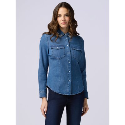 Camicia realizzata in denim di cotone stretch a lavaggio blu medio OLTRE