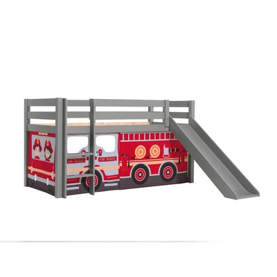 PINO Lit mezzanine avec toboggan pin massif + Rideau de lit Firemen VIPACK