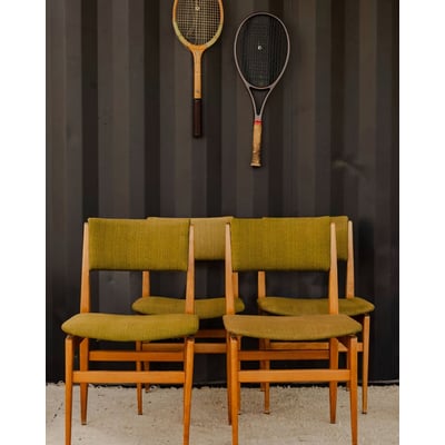 Lot de 4 chaises en bois et tissu vert Alma N°1872 - Bon état DEBONGOUT