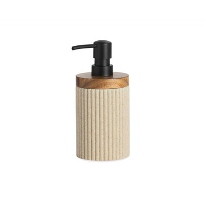 Distributeur de savon polyrésine beige et acacia - 8x8x18cm WADIGA