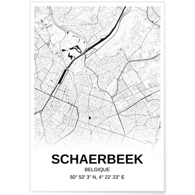 Affiche carte Schaerbeek - rectangle Noir et Blanc L'AFFICHERIE