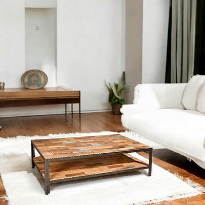 Table basse rectangulaire industrielle double plateau bois recyclé et métal 120x70cm CARAVELLE PIER IMPORT