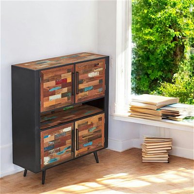 Buffet haut industriel en métal et bois recyclé 4 portes 1 niche 130cm DRAKKAR PIER IMPORT