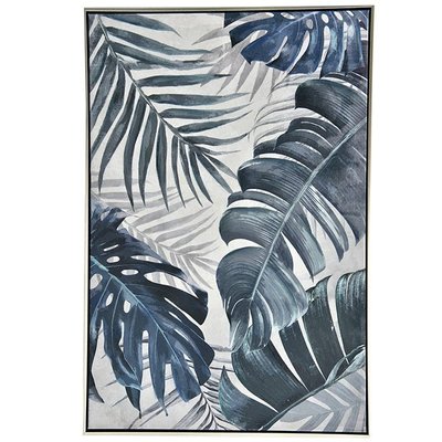Tableau nature feuilles exotiques tons bleus cadre argent PIER IMPORT