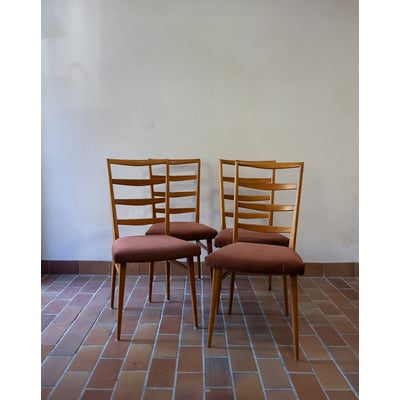 Lot de 4 chaises au tissu terracotta Alma N°1799 - Bon état DEBONGOUT