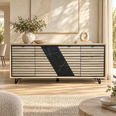 Enfilade 4 portes chêne blanc décor graphique ESSEN PIER IMPORT