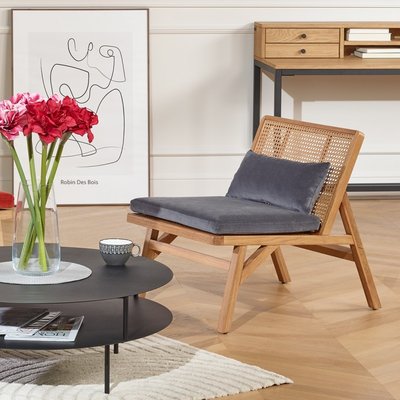 Fauteuil scandinave en chêne, cannage et velours LALALA ROBIN DES BOIS