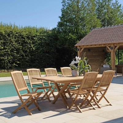 Salon de jardin teck brut table pieds en croix 180/240 + 6 chaises bord arrondi SUMMER PIER IMPORT