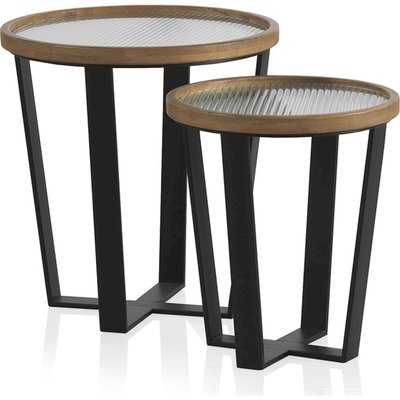 x2 Tables basses ronde en bois et métal avec plateau en verre trempé RECOLLECTION