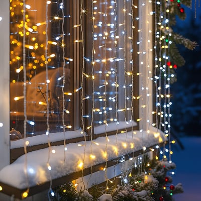 Rideau lumineux de façade d'extérieur 1 x 2 m 200 LED blanc froid et blanc chaud 8 fonctions avec télécommande sur secteur ATMOSPHERA