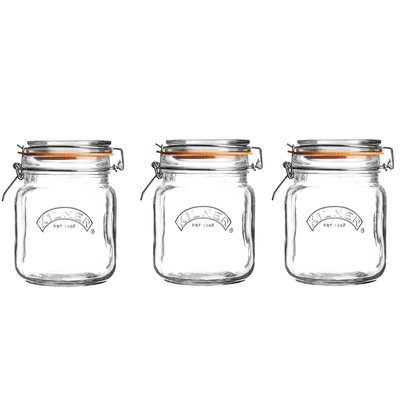 Set of 3 Clip Top Square Jars, 1L KILNER