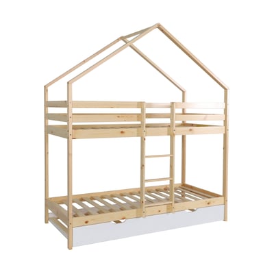 Lit enfant superposé cabane 90 x 190 cm pin naturel avec lit tiroir ROYA SWEEEK