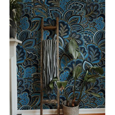 Papier peint botanique avec plantes et fleurs bleues - 510x260 cm (l x h) LA TOUCHE ORIGINALE