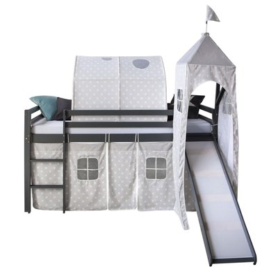 Lit mi haut 90x200 cm Gris avec Toboggan et Tour HOMESTYLE4U