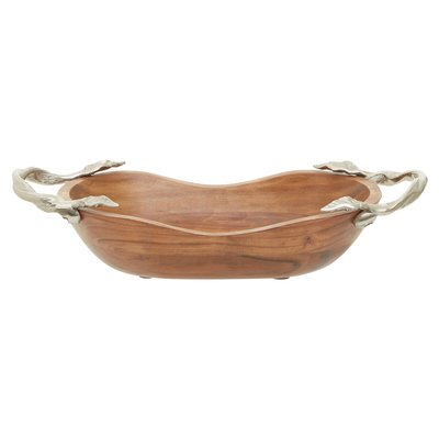 Large Acacia Wood Oval Bowl with Aluminium Leaf Handle SO'HOME