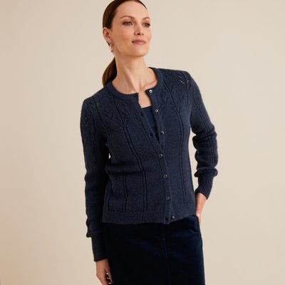 Fine Pointelle Knit Cardigan with Crew Neck ANNE WEYBURN
