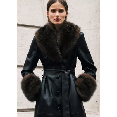 Manteau simili-cuir bordures imitation fourrure MANGO