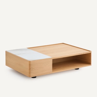 Mesa de centro de chapa de roble y cerámica, CUADRO, diseño de Emmanuel Gallina AM.PM X EMMANUEL GALLINA