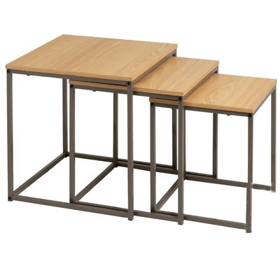 Set de 3 tables basses gigognes couleur bois naturel et métal gris 40x40x42cm WADIGA