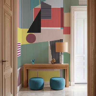 Papier peint panoramique et art déco avec rayures et points colorés - 340x260 cm (l x h) LA TOUCHE ORIGINALE