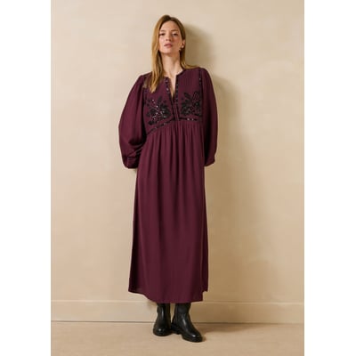 Robe longue brodée manches longues col V LA FEE MARABOUTEE
