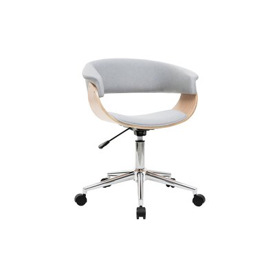 Chaise de bureau à roulettes design en tissu gris clair, bois clair et acier chromé OKTAV MILIBOO
