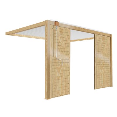 Pergola bioclimatique adossée 3 x 4 m en aluminium blanc décor bois avec 1, 2 ou 3 claustras, SAPRI OVIALA