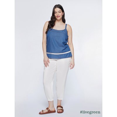 Top en denim avec bords horizontaux en dentelle blanche devant et derrière FIORELLA RUBINO