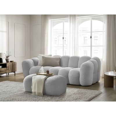Canapé droit fixe 3 places en tissu bouclette avec pouf, HIPPOLYTE BOBOCHIC