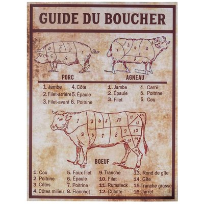 Plaque décorative murale métal vintage guide du boucher 30x40cm WADIGA