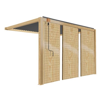 Pergola bioclimatique adossée 3 x 4 m en aluminium décor bois avec 1, 2 ou 3 claustras, SAPRI OVIALA