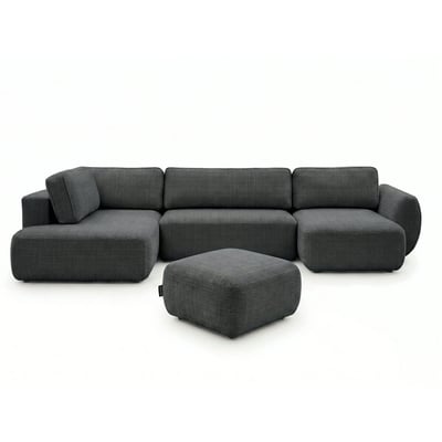 Canapé panoramique convertible 6 places en tissu texturé avec pouf, DENISE BOBOCHIC