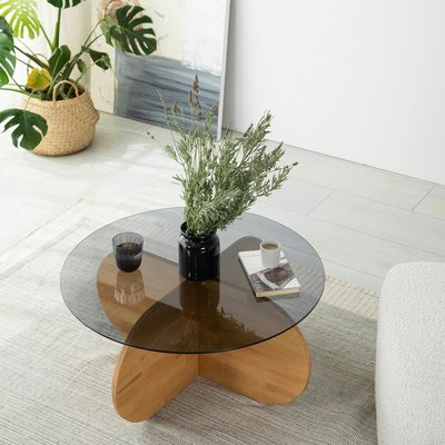 Table basse en verre fumé – pied en croix bois clair ANZIO PIER IMPORT