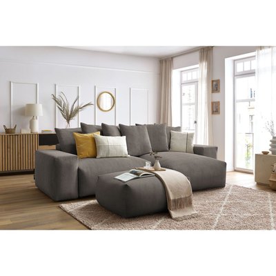 Canapé d'angle convertible 5 places en velours côtelé avec pouf, VOLTAIRE BOBOCHIC