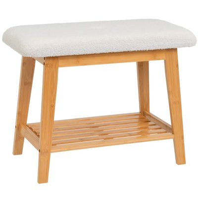 Banquette bambou et assise tissu bouclette blanc 60x30x45cm WADIGA